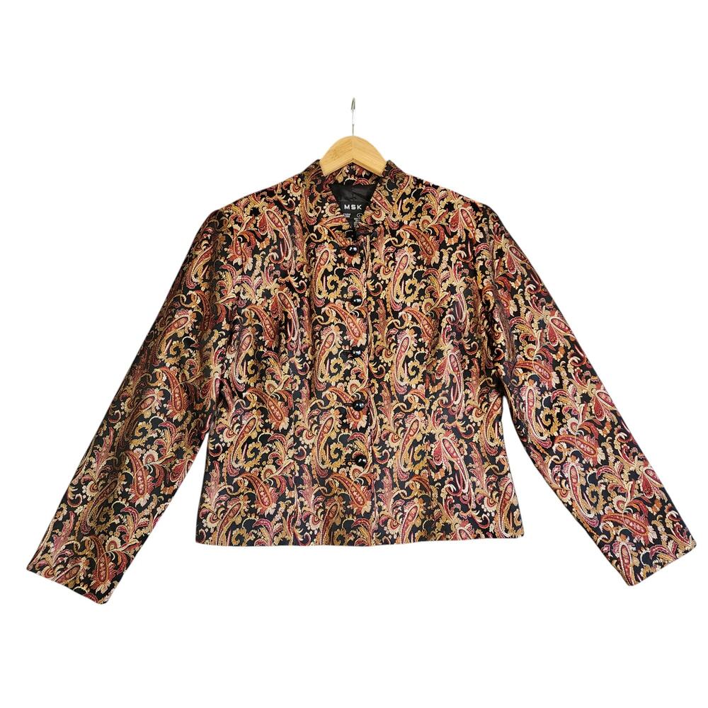 MSK‎ Womens Silk Blend Blazer Jacket Size Large Red Gold Paisley Print Old Money